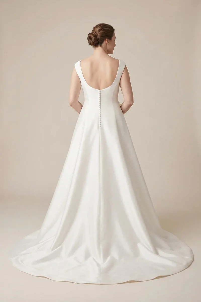 Elegant Satin Plus Size Wedding Dress with Cap Sleeves - 2