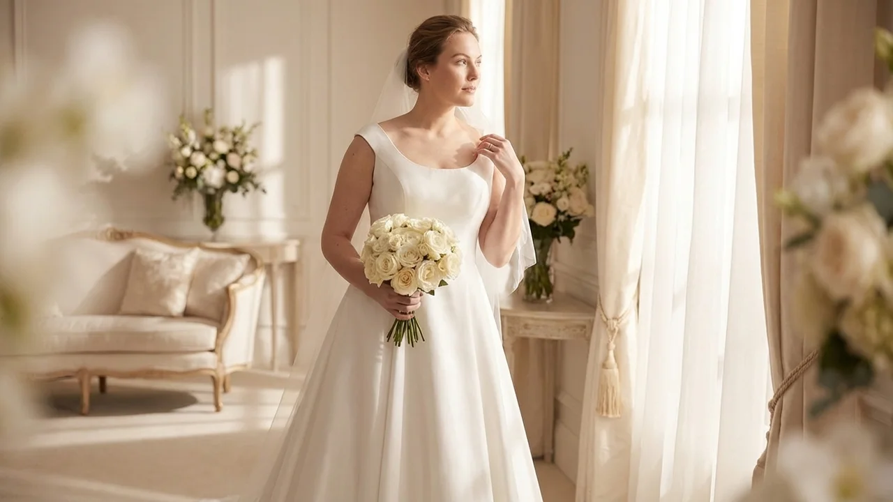 Elegant Satin Plus Size Wedding Dress with Cap Sleeves - 5