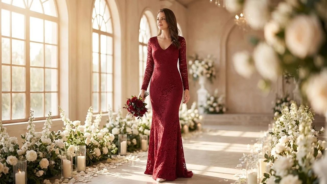 Red Lace Mermaid Wedding Dress - 5
