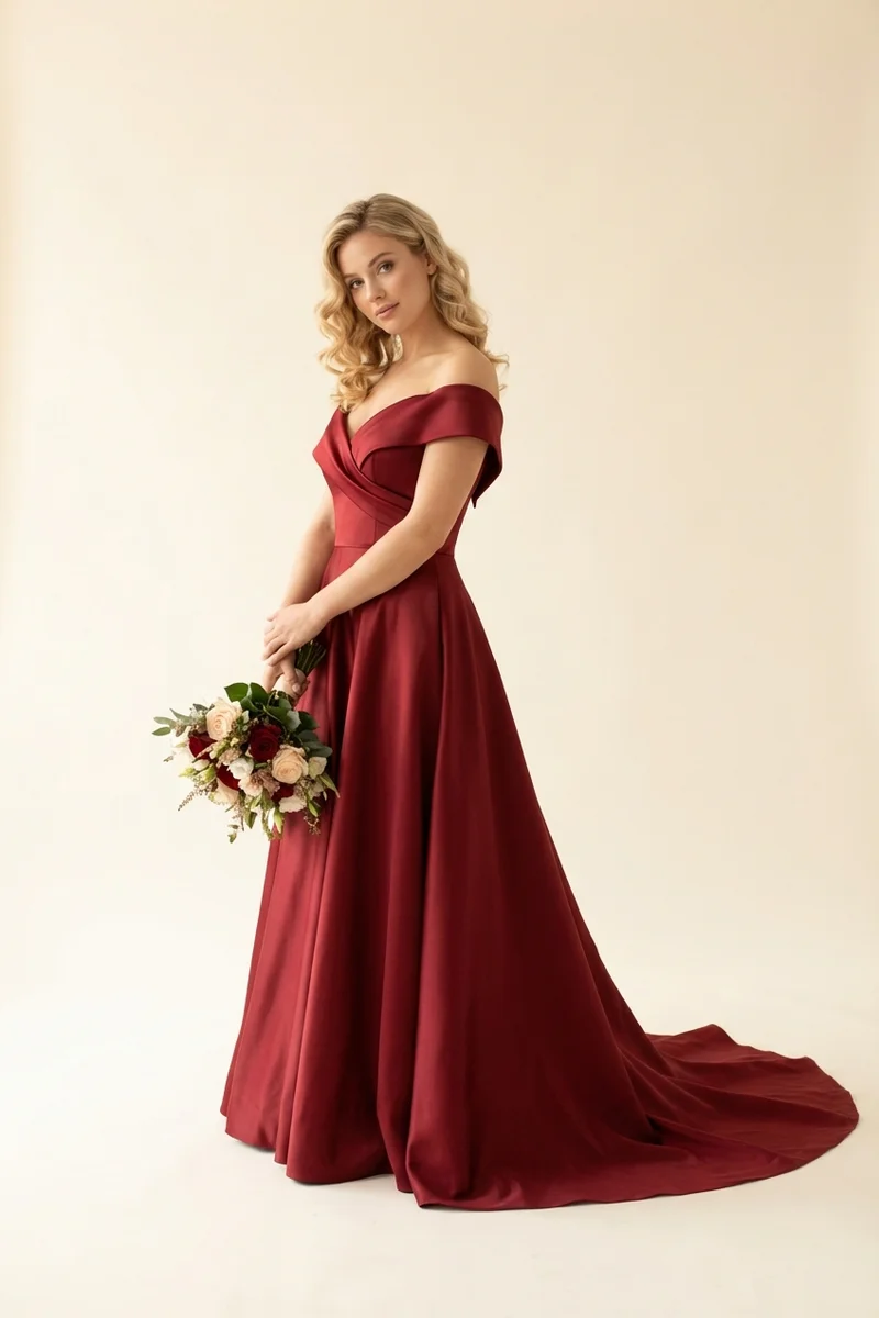 Red Satin A-Line Wedding Dress with Off-Shoulder Sleeves - 1