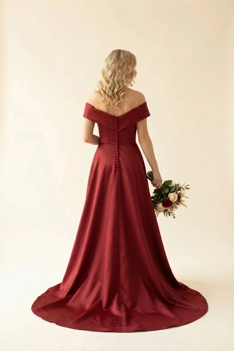Rotes Satin-A-Linien-Brautkleid mit Off-Shoulder-Ärmeln - 2
