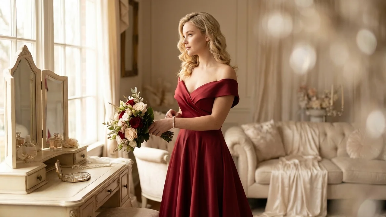 Rotes Satin-A-Linien-Brautkleid mit Off-Shoulder-Ärmeln - 5