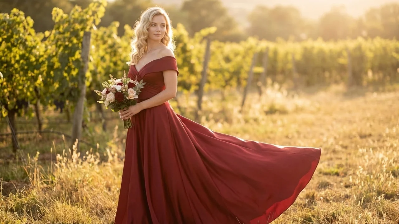 Rotes Satin-A-Linien-Brautkleid mit Off-Shoulder-Ärmeln - 6