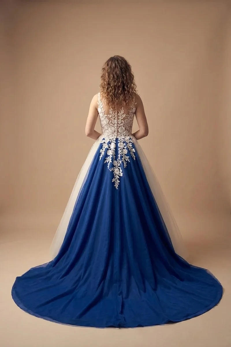 Royal Length Tulle Wedding Dress with Embroidered Bodice - 2