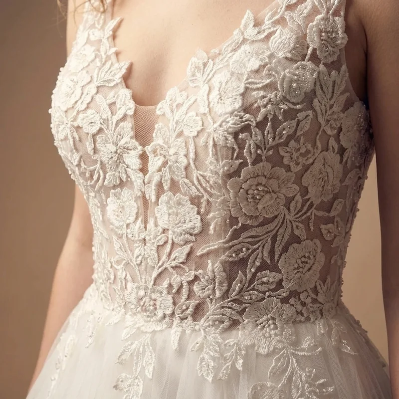 Royal Length Tulle Wedding Dress with Embroidered Bodice - 3