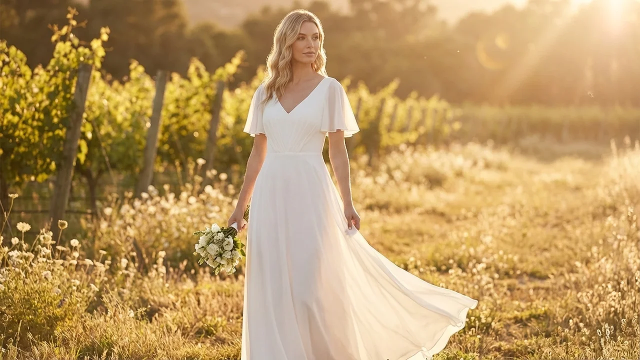 Darcy Short Chiffon V-Neck Wedding Dress - 6