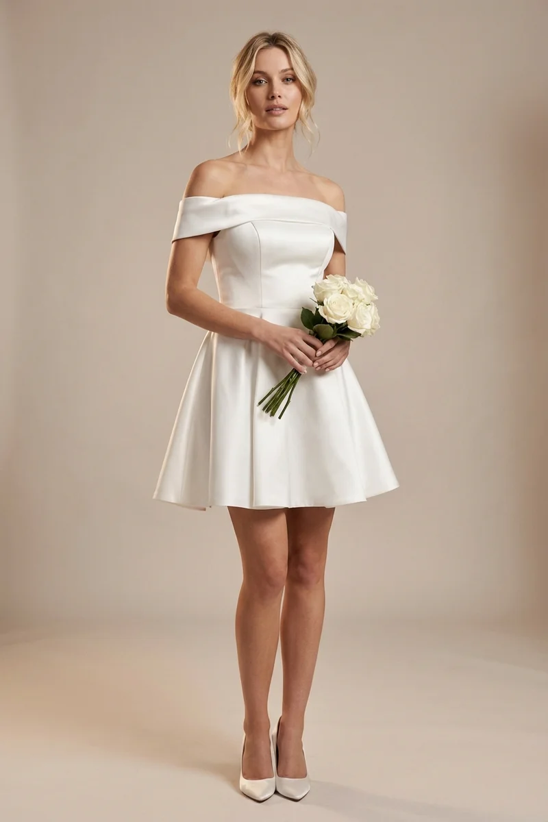 Eloise Short Satin Off-Shoulder Wedding Dress - 1
