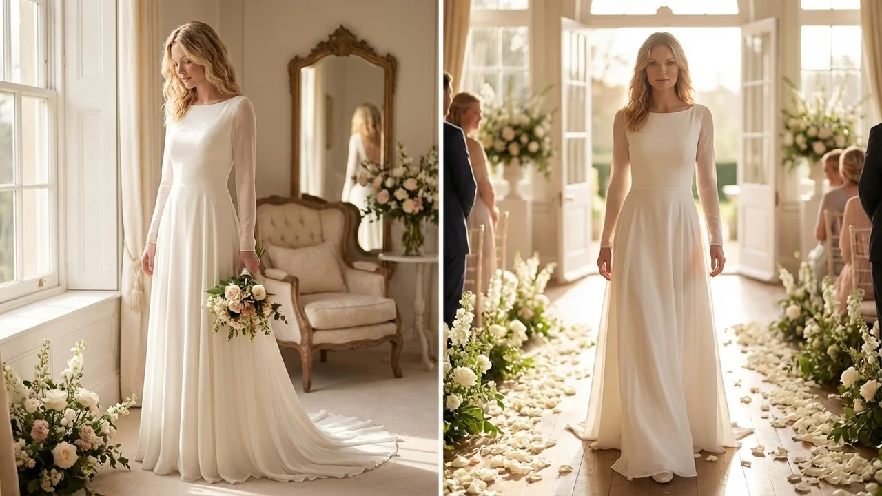 Phoebe Robe de Mariée Fourreau en Mousseline Col Bateau - 5