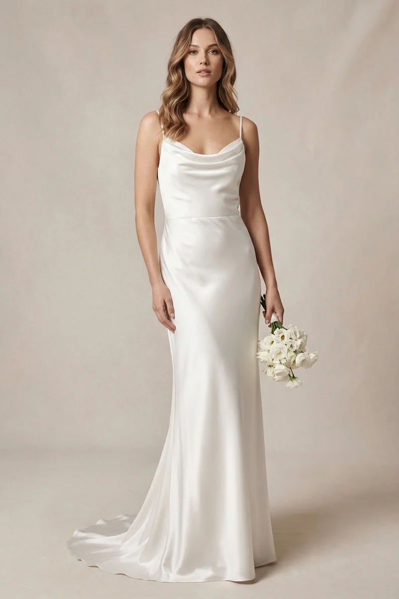 Estelle Robe de Mariée Fluide en Satin Col Bénitier à Bretelles Fines - 1