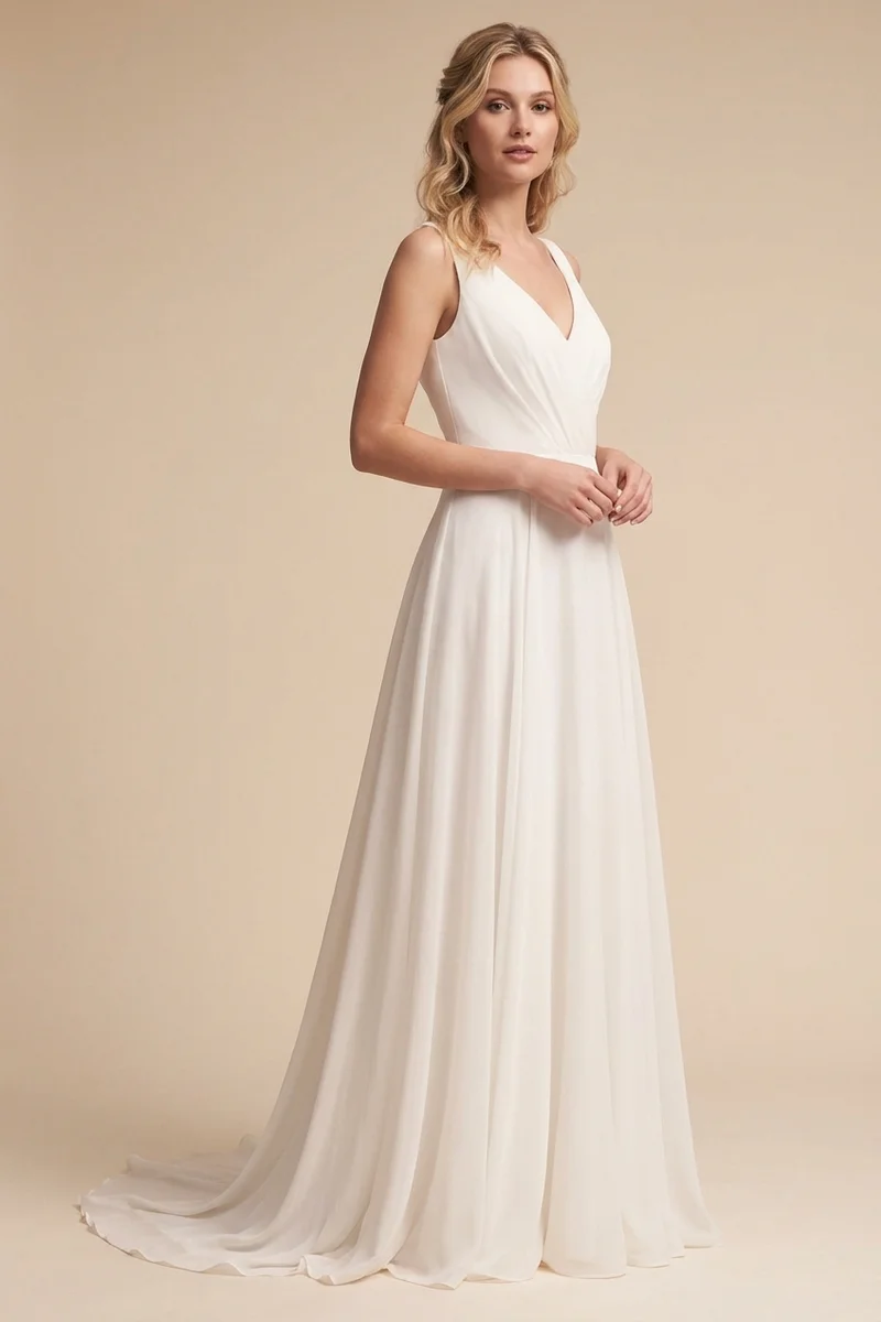 Chiffon V-Neck Wedding Dress Under $200 - 1
