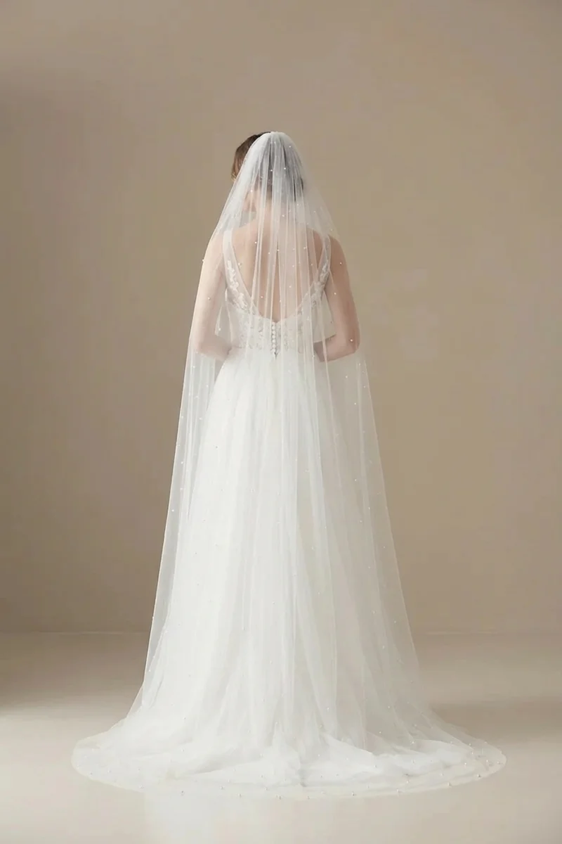 Pearl Beaded Chapel Length Wedding Veil - 2