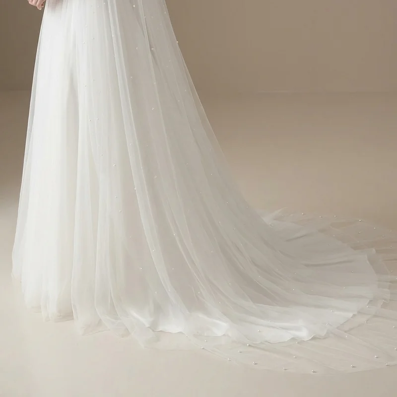 Pearl Beaded Chapel Length Wedding Veil - 4