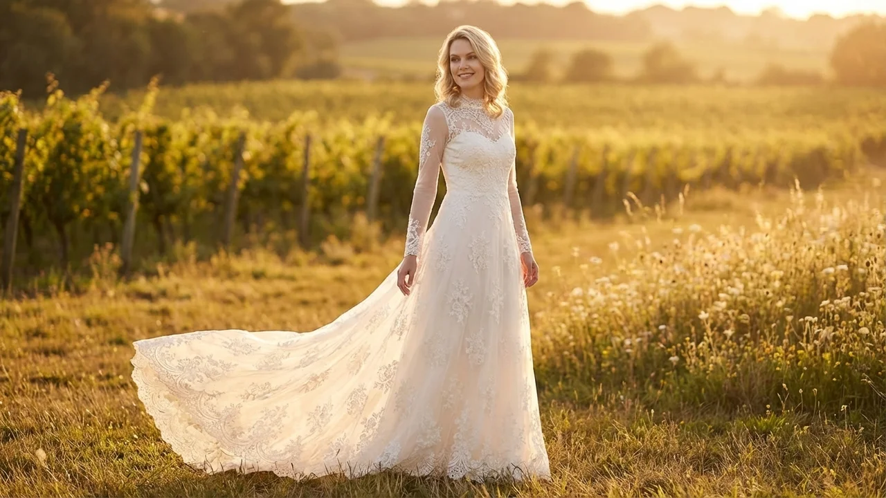 Marguerite Vintage Spitzen-Brautkleid mit Langen Ärmeln - 6