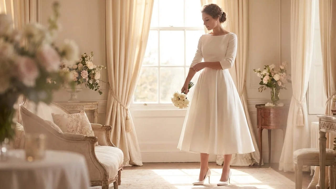 Colette Vintage Satin Tea Length Wedding Dress - 5