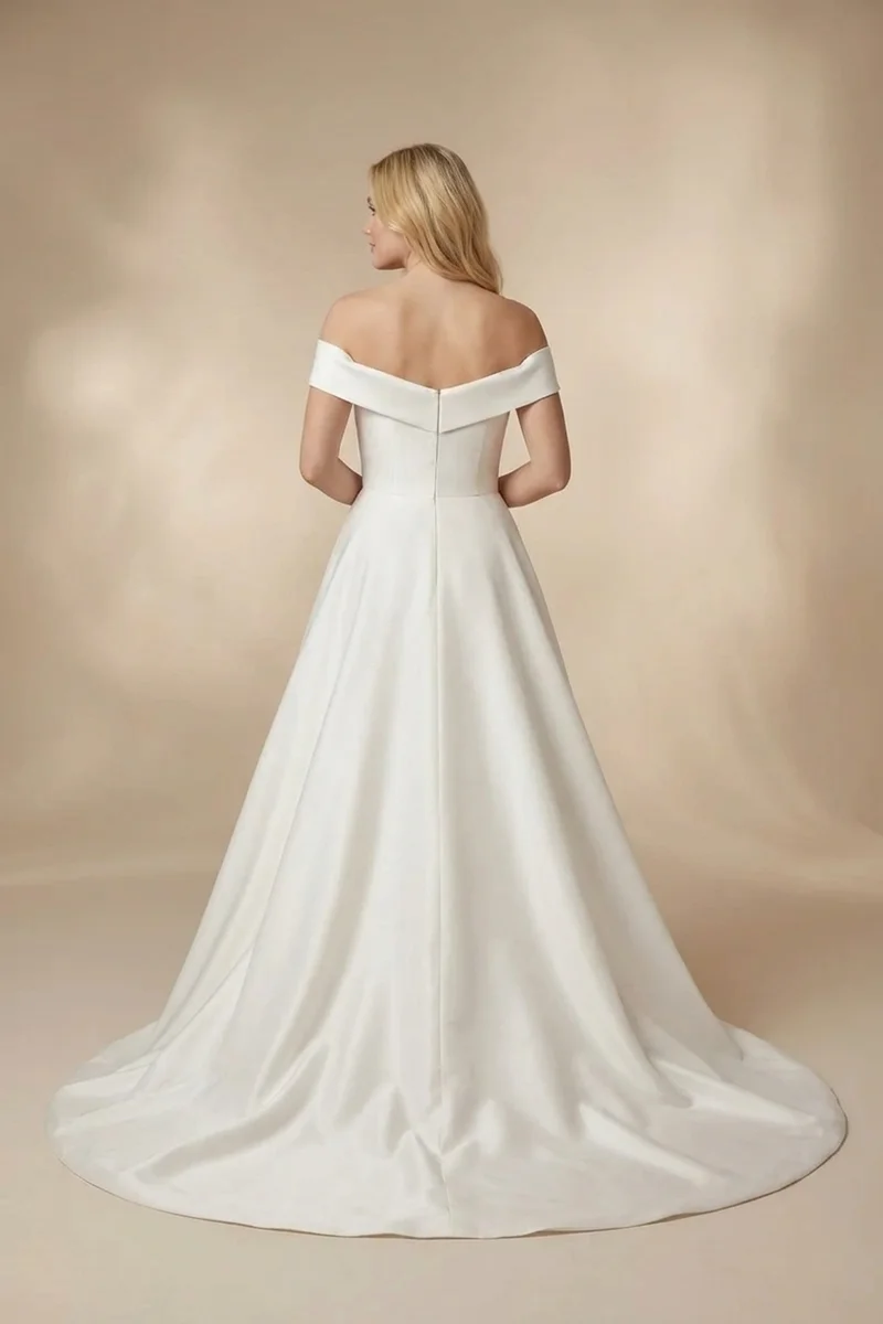 Klassisches Satin Off-Shoulder A-Linien-Hochzeitskleid - 2