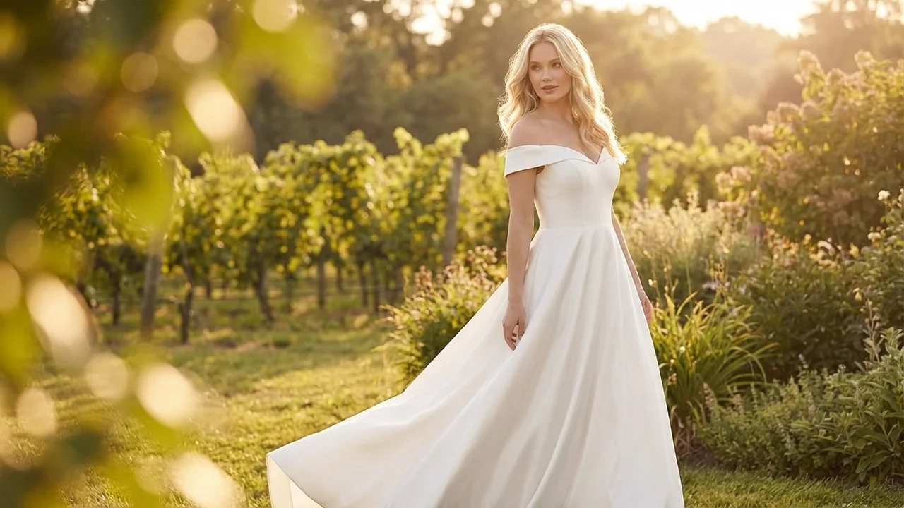 Klassisches Satin Off-Shoulder A-Linien-Hochzeitskleid - 6
