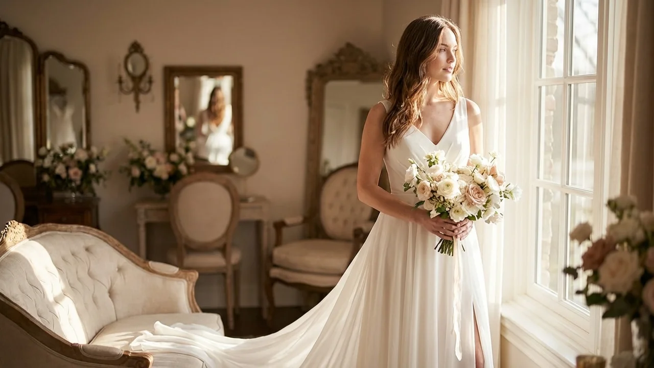 Fließendes Chiffon Strand-Brautkleid mit Seitenschlitz - 5