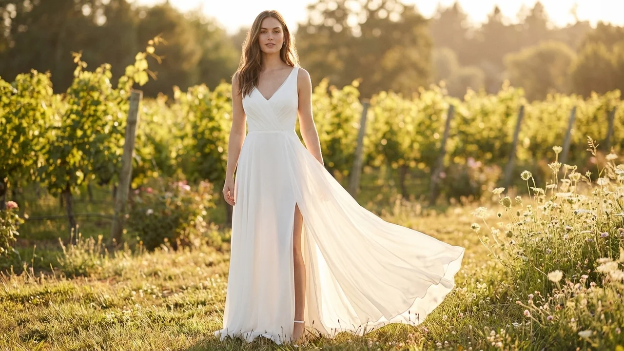 Fließendes Chiffon Strand-Brautkleid mit Seitenschlitz - 6