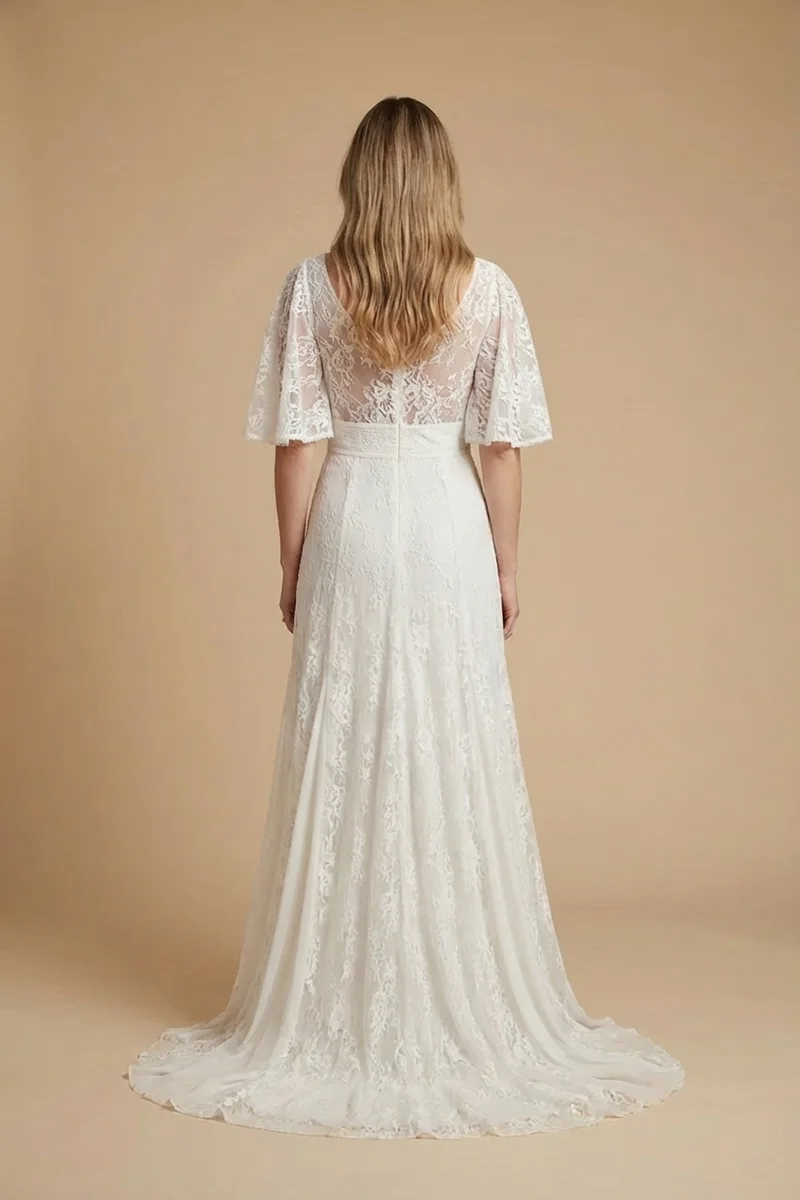 Bohemian Lace Beach Wedding Dress with Flutter Sleeves - 2