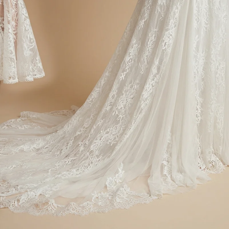 Bohemian Lace Beach Wedding Dress with Flutter Sleeves - 4
