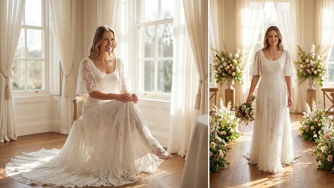 Bohemian Lace Beach Wedding Dress with Flutter Sleeves - 5