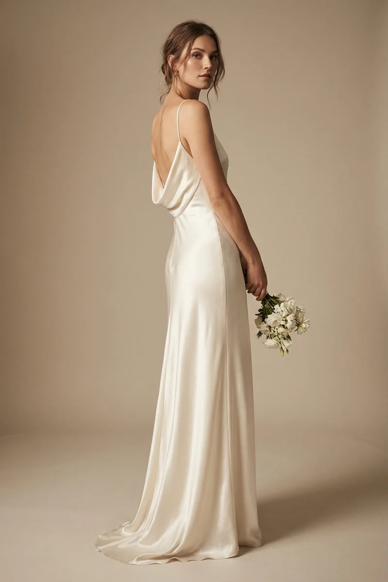 Simple Satin Slip Beach Wedding Dress with Cowl Back - 1