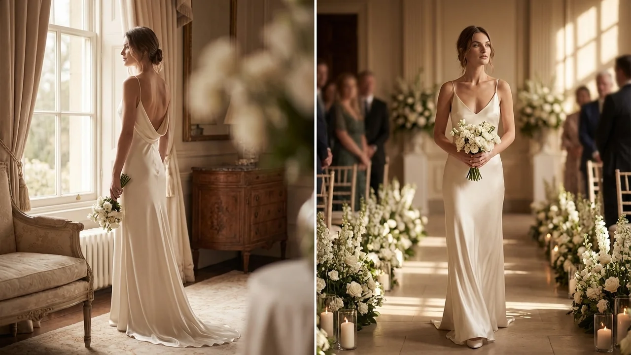 Schlichtes Satin Slip Strand-Brautkleid mit Wasserfall-Rücken - 5