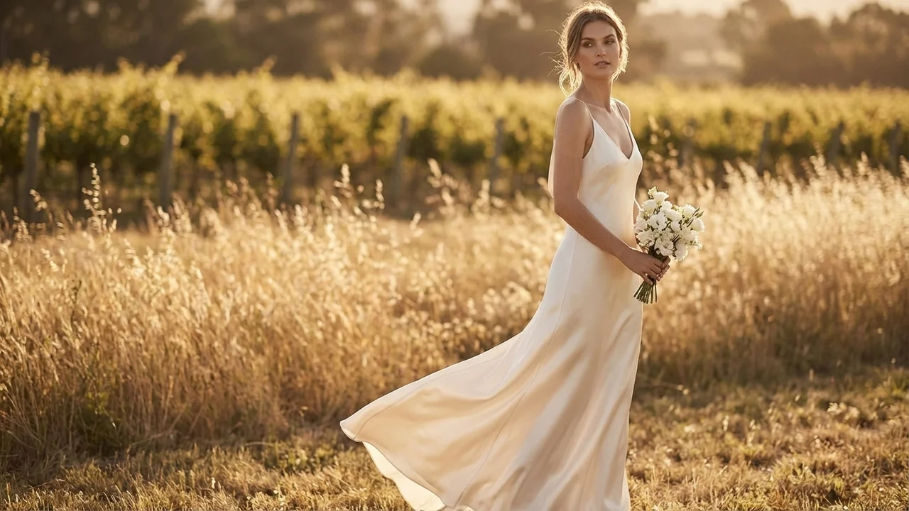 Schlichtes Satin Slip Strand-Brautkleid mit Wasserfall-Rücken - 6