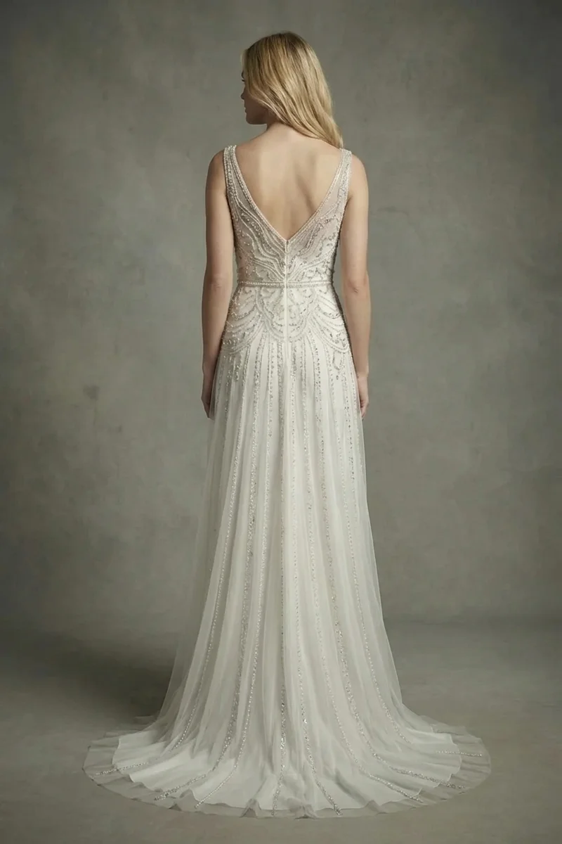 Beaded V-Neck Sheath Wedding Gown - 2
