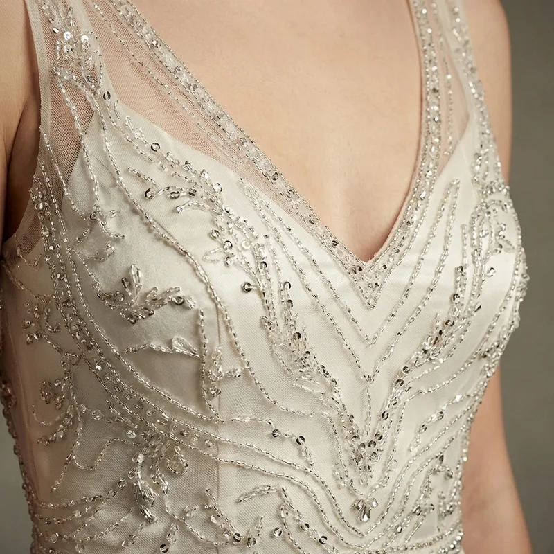 Beaded V-Neck Sheath Wedding Gown - 3