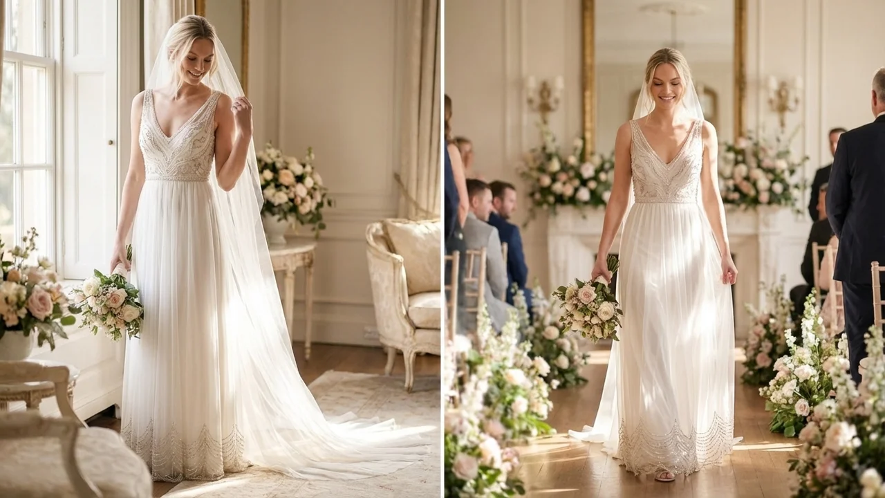 Beaded V-Neck Sheath Wedding Gown - 5