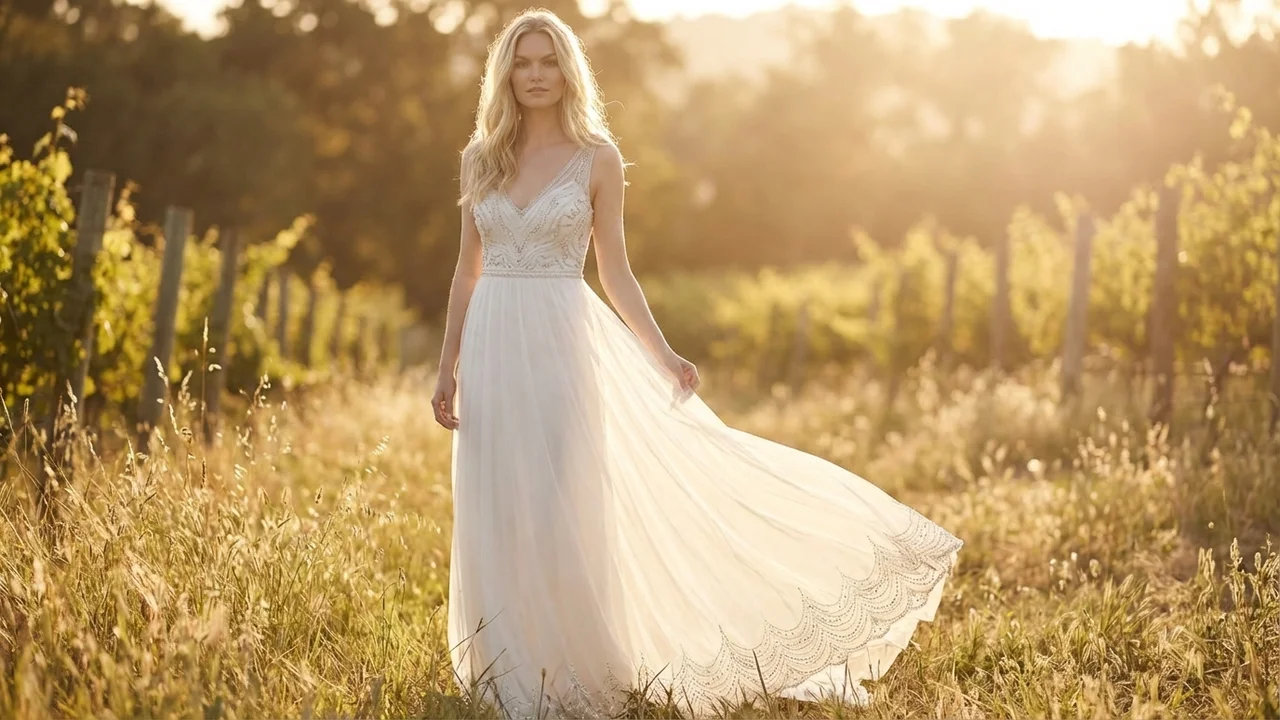 Beaded V-Neck Sheath Wedding Gown - 6