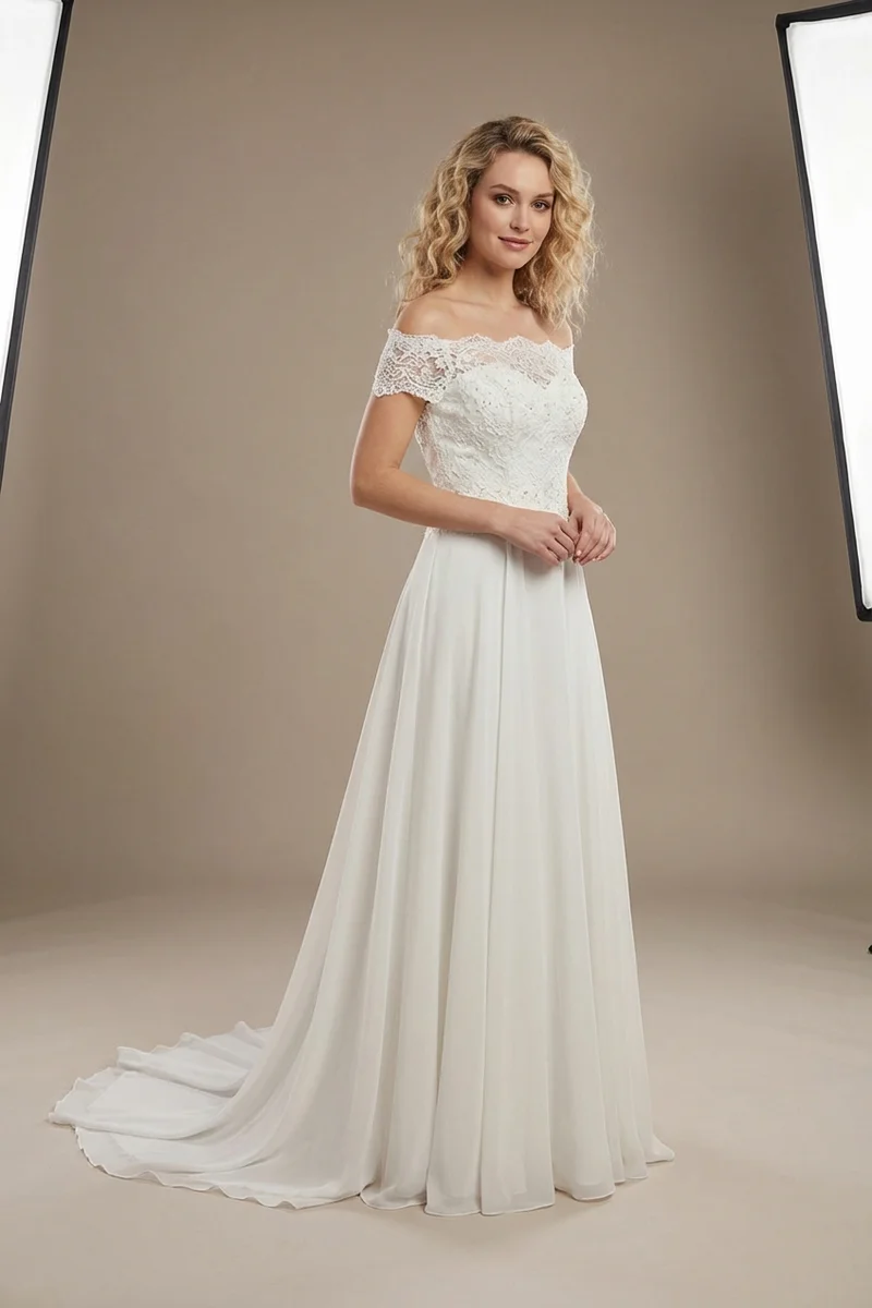 Off-Shoulder Beaded A-Line Wedding Dress - 1