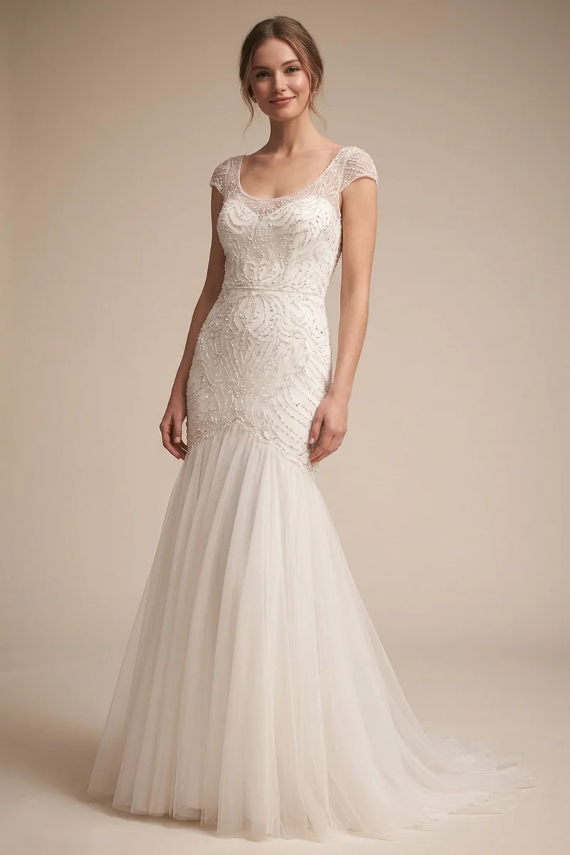 Beaded Cap Sleeve Trumpet Wedding Gown - 1