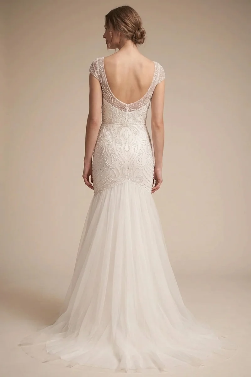 Beaded Cap Sleeve Trumpet Wedding Gown - 2