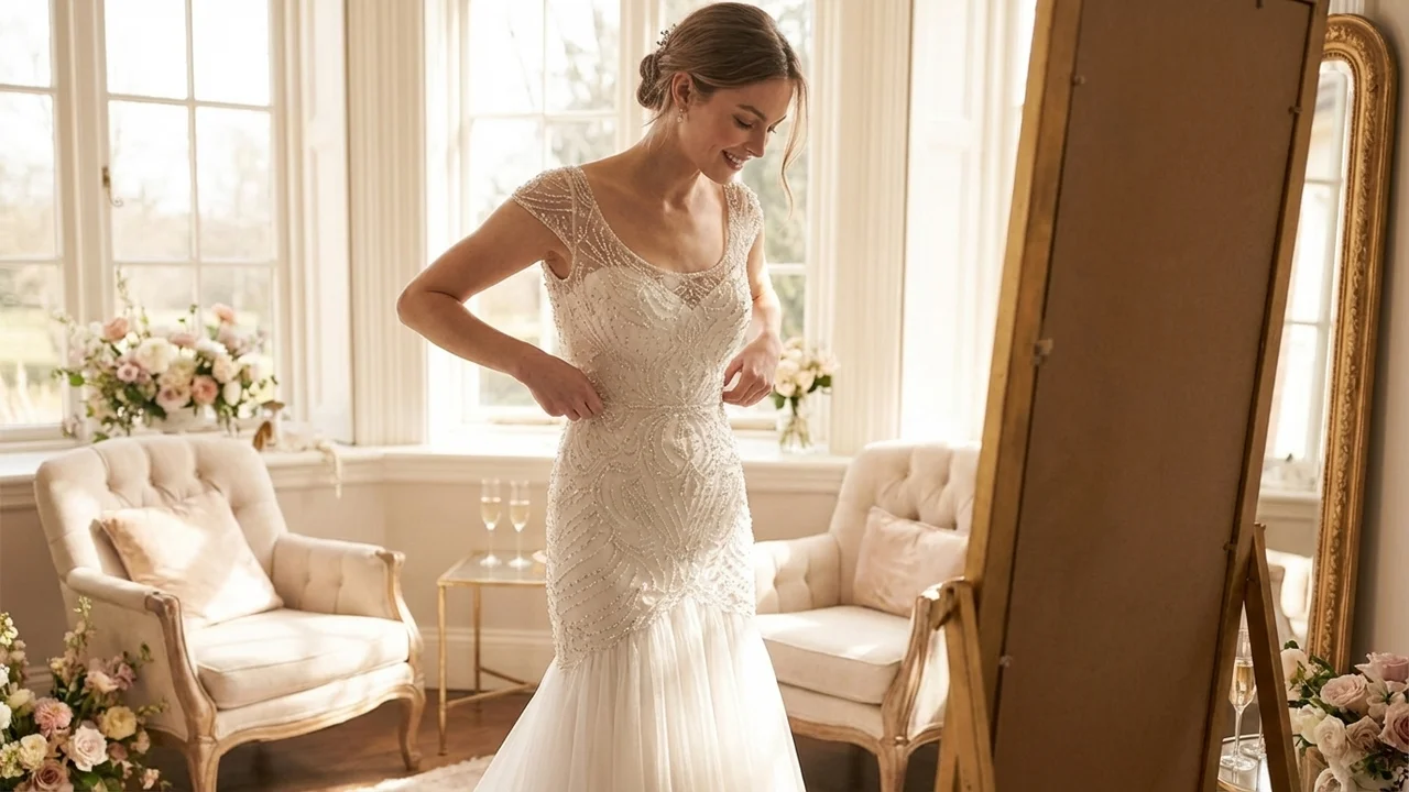 Beaded Cap Sleeve Trumpet Wedding Gown - 5