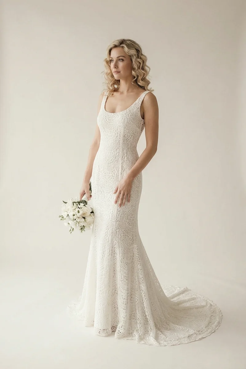 Crochet Lace Open Back Boho Wedding Dress - 1