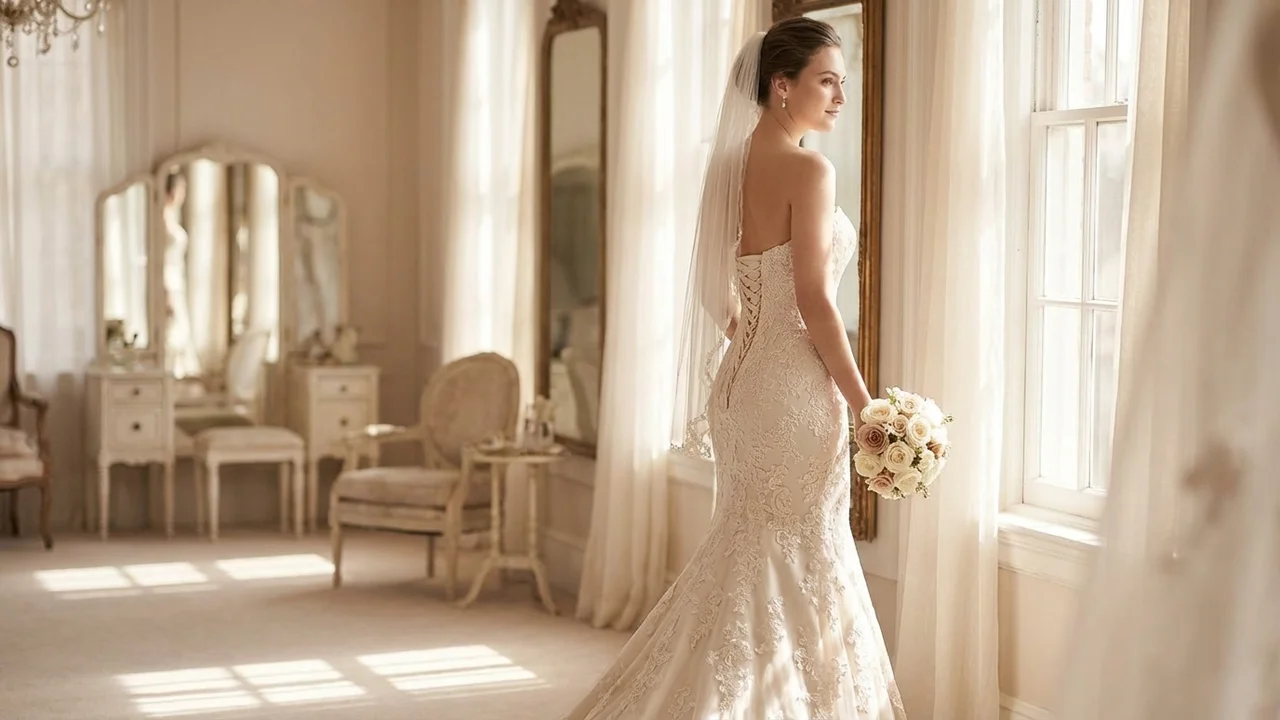 Robe de Mariée Sirène en Dentelle Champagne - 5
