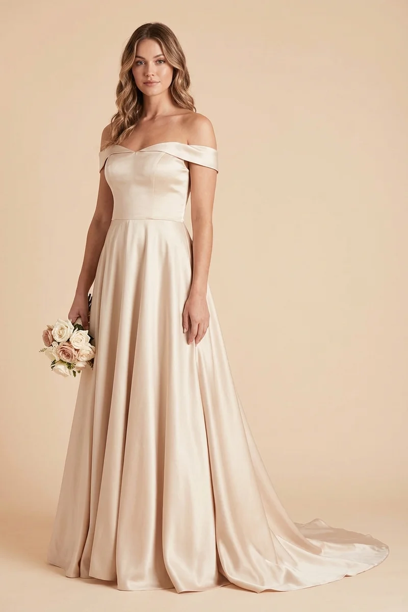 Champagne Satin A-Line Bridal Dress with Off-Shoulder Straps - 1