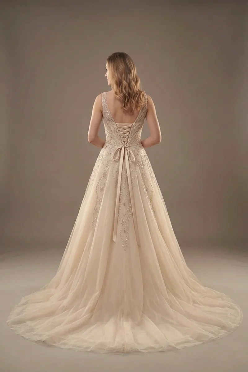 Robe de Mariée Princesse en Tulle Champagne avec Cristaux - 2