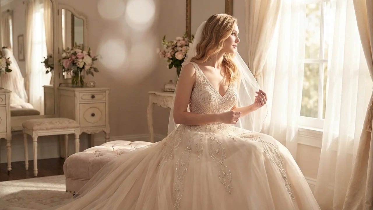 Robe de Mariée Princesse en Tulle Champagne avec Cristaux - 5