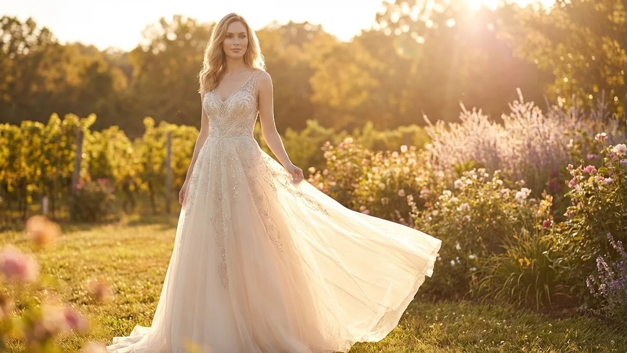 Robe de Mariée Princesse en Tulle Champagne avec Cristaux - 6