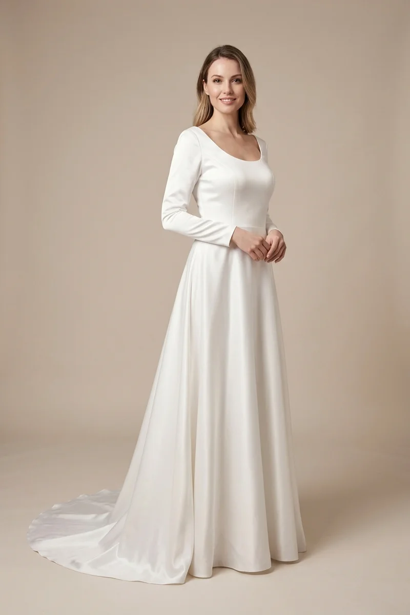 Robe de Mariée Satin Ligne A Pudique pour Église - 1