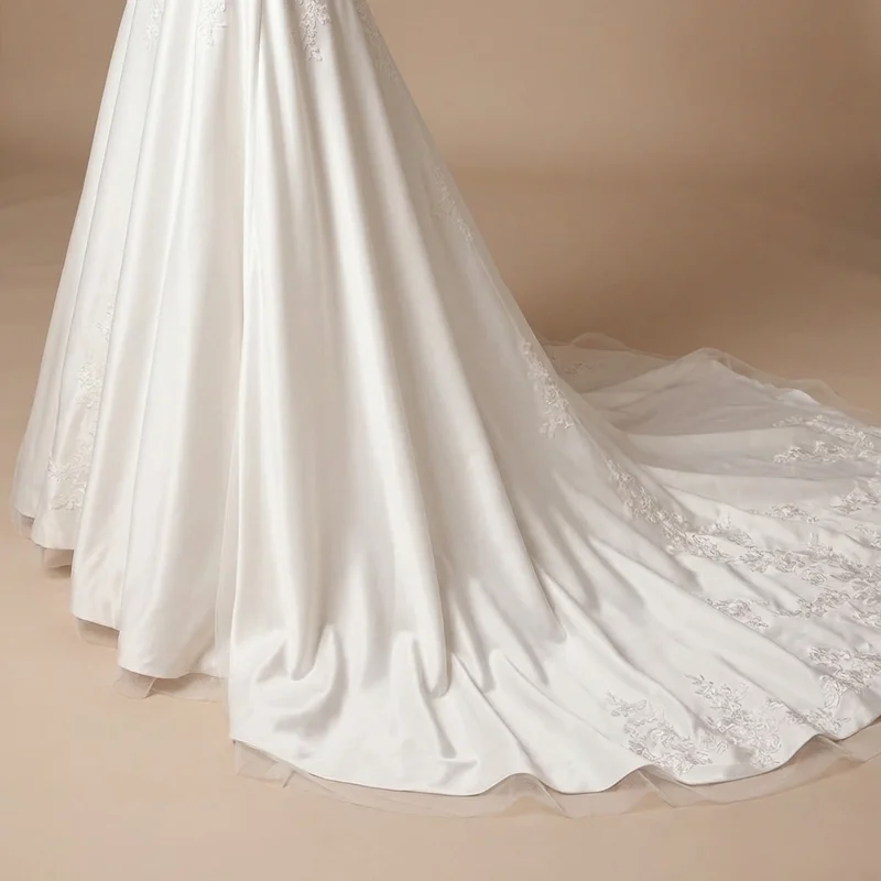 Satin A-Line Modest Church Wedding Dress - 4