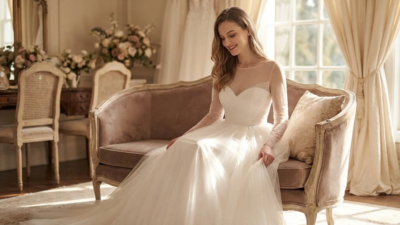 Tulle Ball Gown with Illusion Sleeves - 5