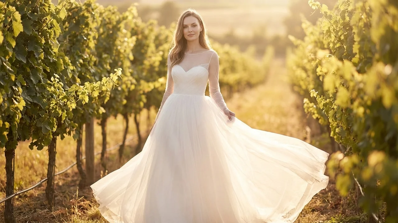 Tulle Ball Gown with Illusion Sleeves - 6