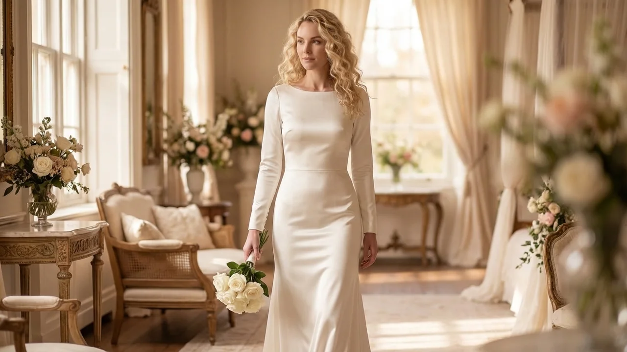 Élégante Robe de Mariée Fourreau en Satin à Encolure Bateau - 5