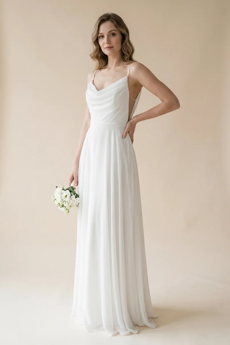 Cowl Neck Chiffon Beach Wedding Dress with Open Back - 1