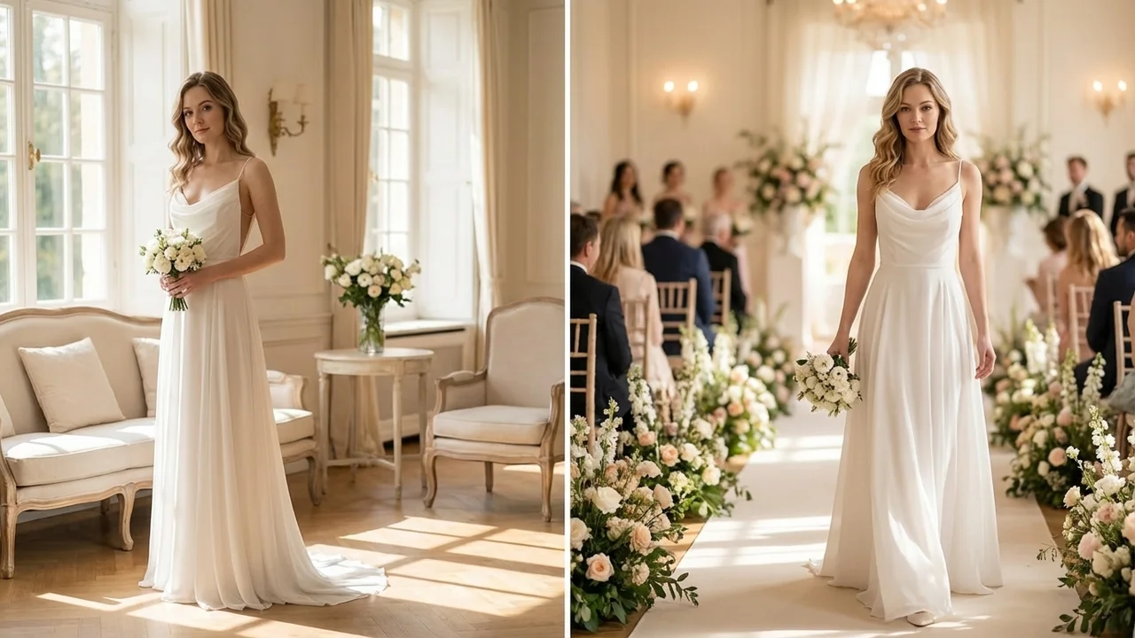 Cowl Neck Chiffon Beach Wedding Dress with Open Back - 5