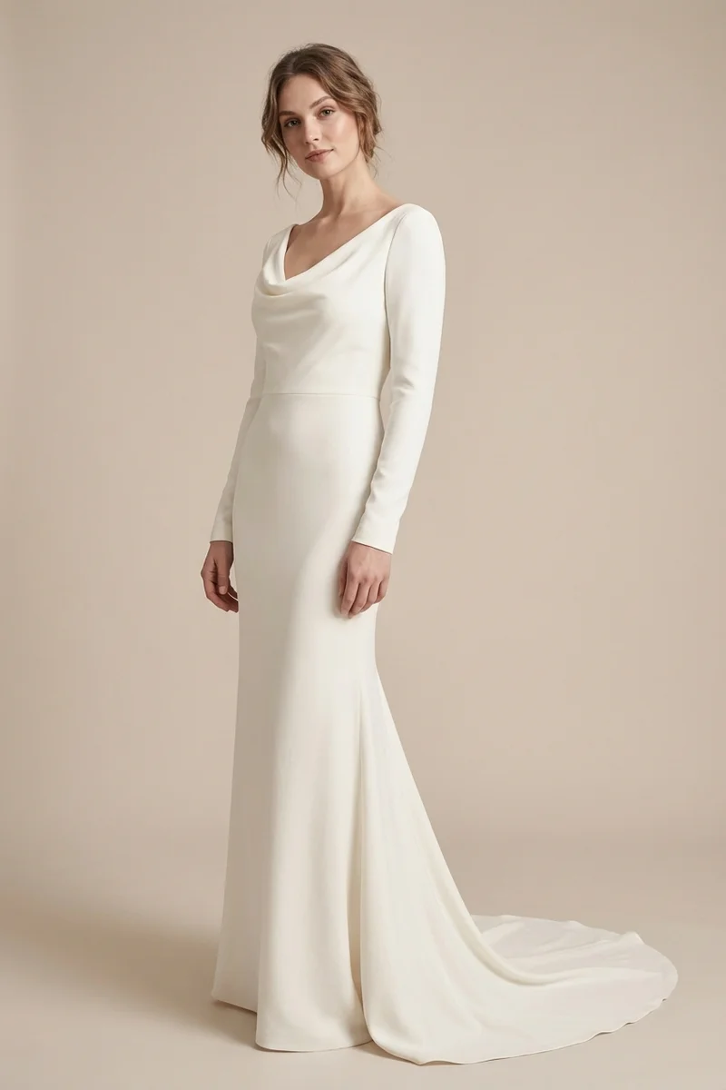 Cowl Neck Crepe Gown with Long Sleeves - 1
